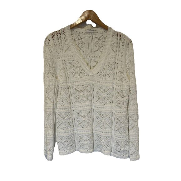 Amina Rubinacci White Crochet Knit V‎ Neck Long Sleeve Sweater Top XL Old Money - Picture 2 of 8